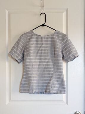 Signature Light Blue and White Striped Short Sleeve Peplum Top
